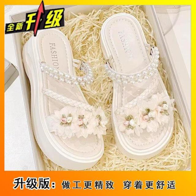 13517841.小香风花朵拖鞋女士夏外穿厚底海边度假配裙子沙滩凉拖女