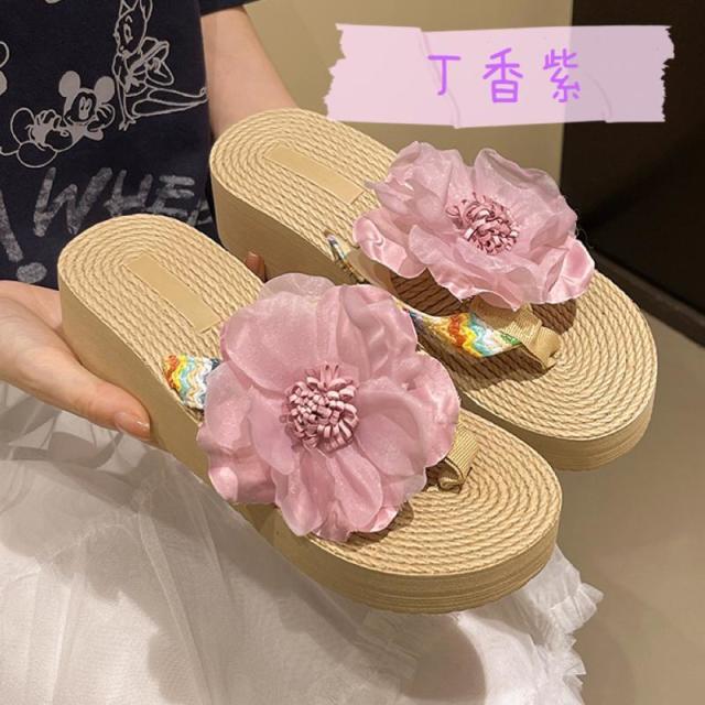 13517847.风花花坡跟人字拖女夏季草编花朵厚底拖鞋傣族鞋沙滩凉拖