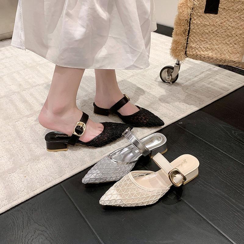 13529857.包头半拖鞋女配透气粗跟高跟鞋外穿裙子春夏网纱尖头
