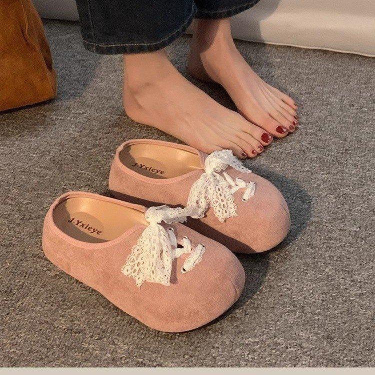13529801.法式厚底蕾丝蝴蝶结勃肯鞋女春夏外穿一脚蹬包头半拖鞋