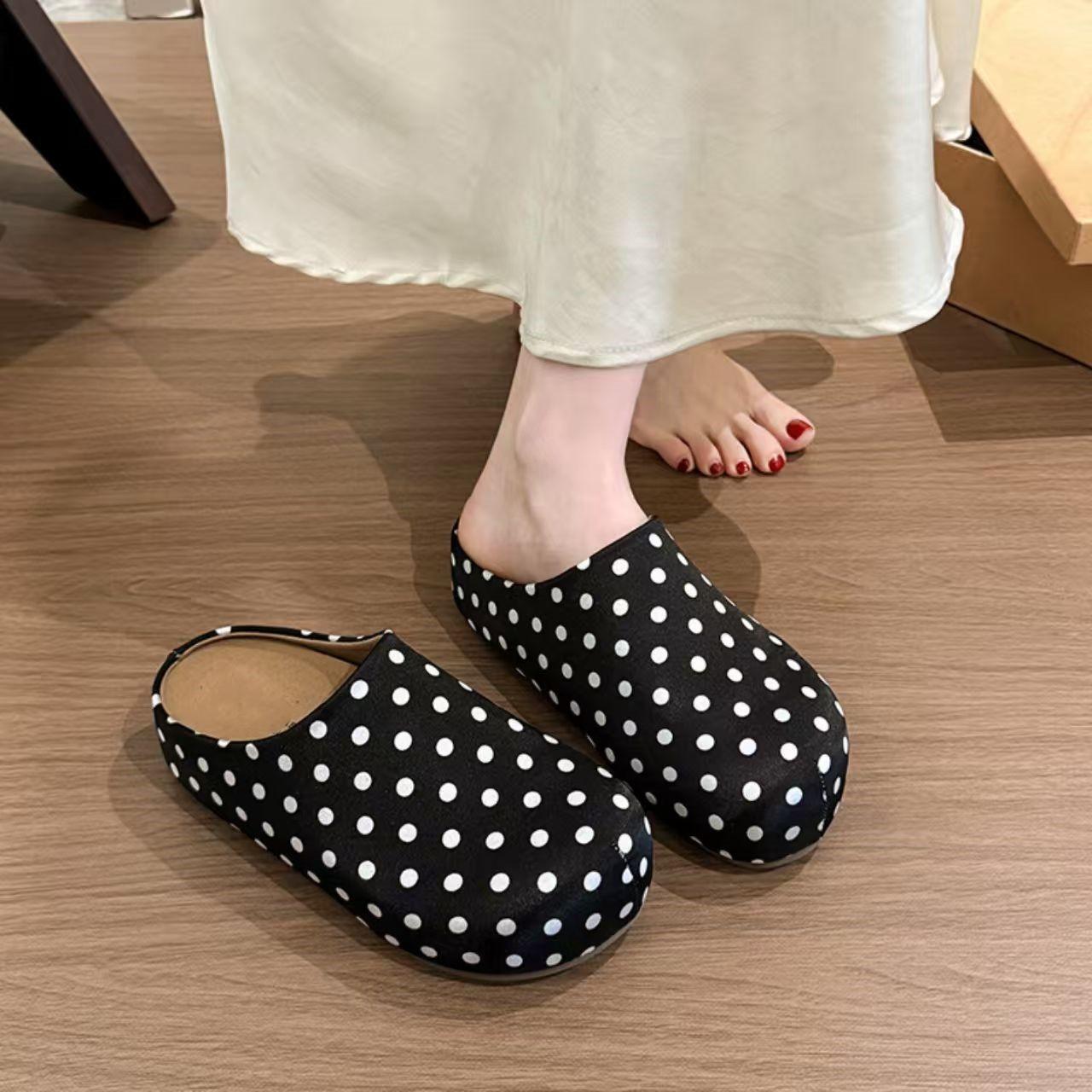 13530388.勃肯法式懒人包头凉拖鞋拖鞋女夏季外穿波点半一脚蹬米色