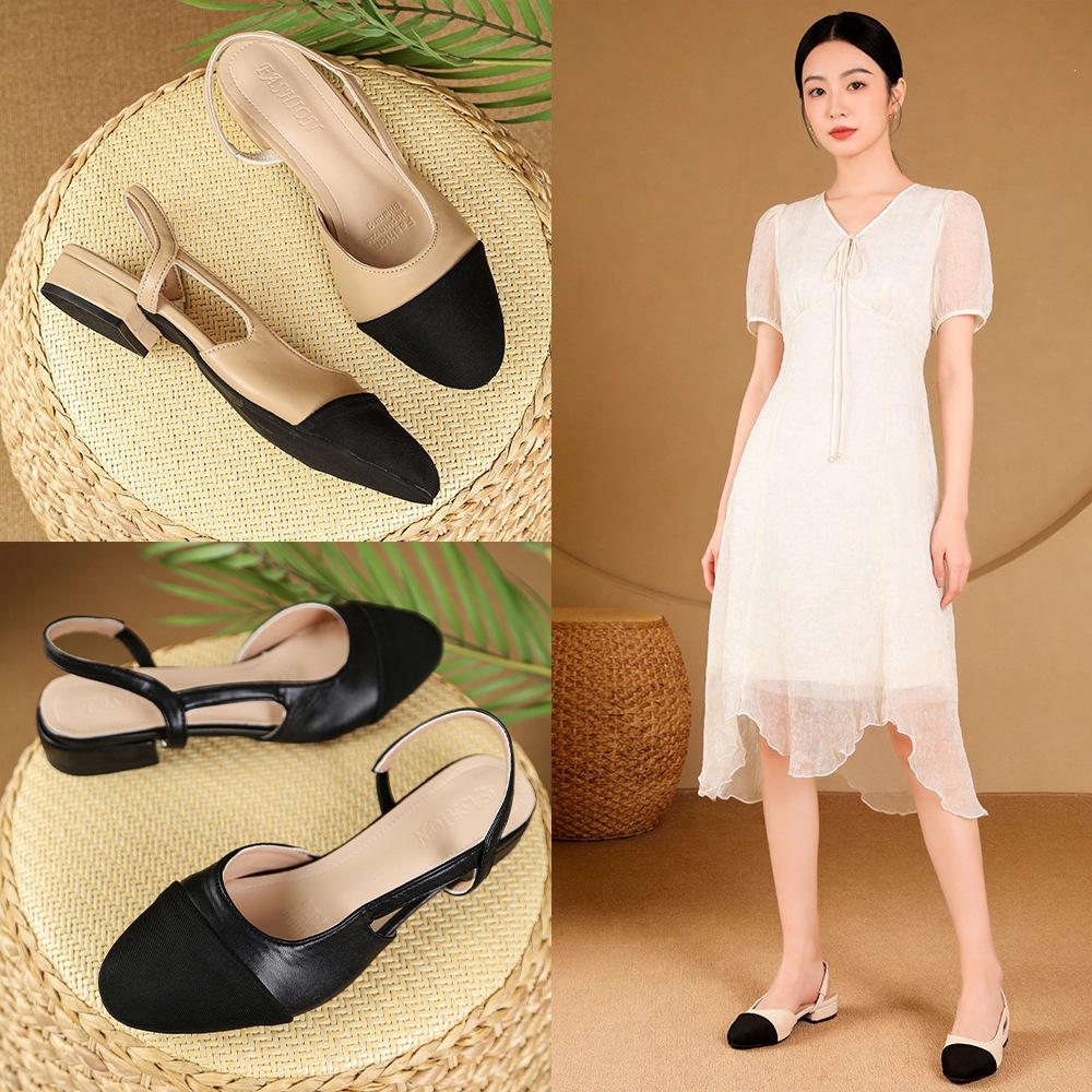 13529633.低跟单鞋一字凉鞋真皮带拼色后空平底夏夏季包头凉鞋女