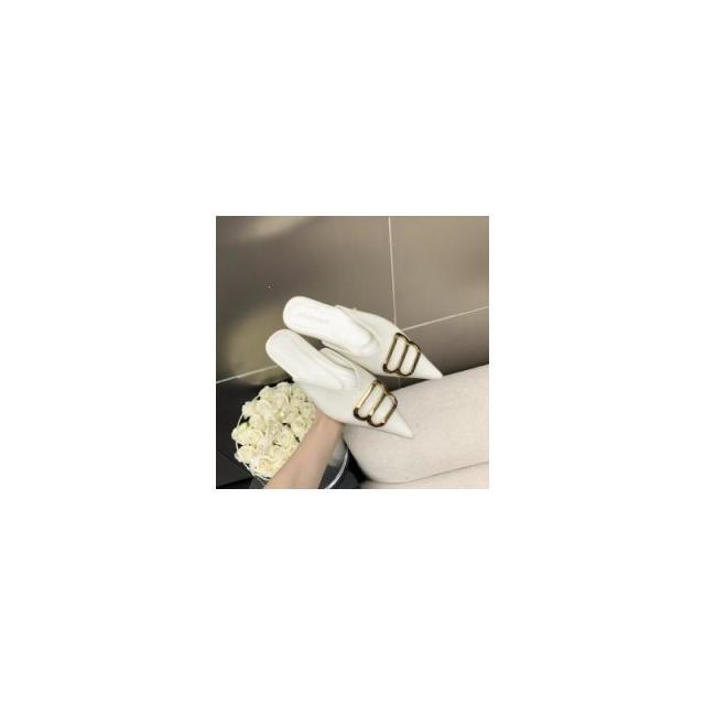 13529848.包头拖鞋女法式金属扣一脚蹬V口凉鞋外穿尖头半拖鞋