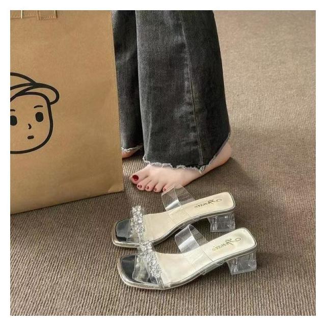 13529831.夏季水晶粗跟水钻气质裙子透明外穿拖鞋妈妈拖