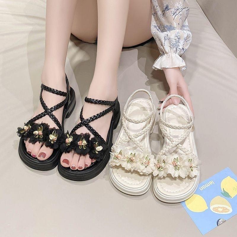 13529771.花朵装饰松糕底凉鞋女夏季一字扣带厚底坡跟露趾软底凉鞋