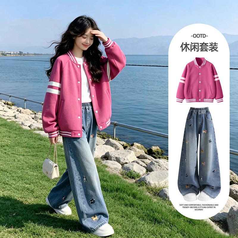 13722217.女童秋装套装2026新款春秋款时髦外套女大童牛仔裤儿童棒球服套装