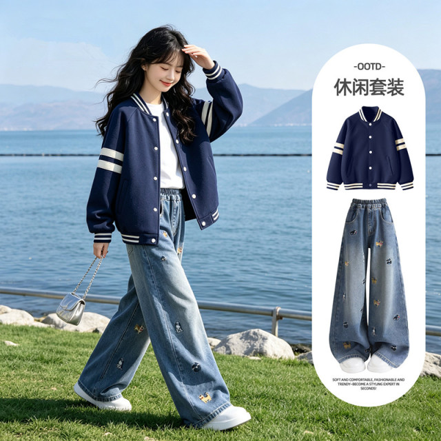 13722217.女童秋装套装2026新款春秋款时髦外套女大童牛仔裤儿童棒球服套装