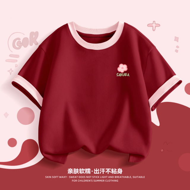 13334946.女童短袖t恤2026新款洋气纯棉红色夏季女孩上衣儿童夏装体恤