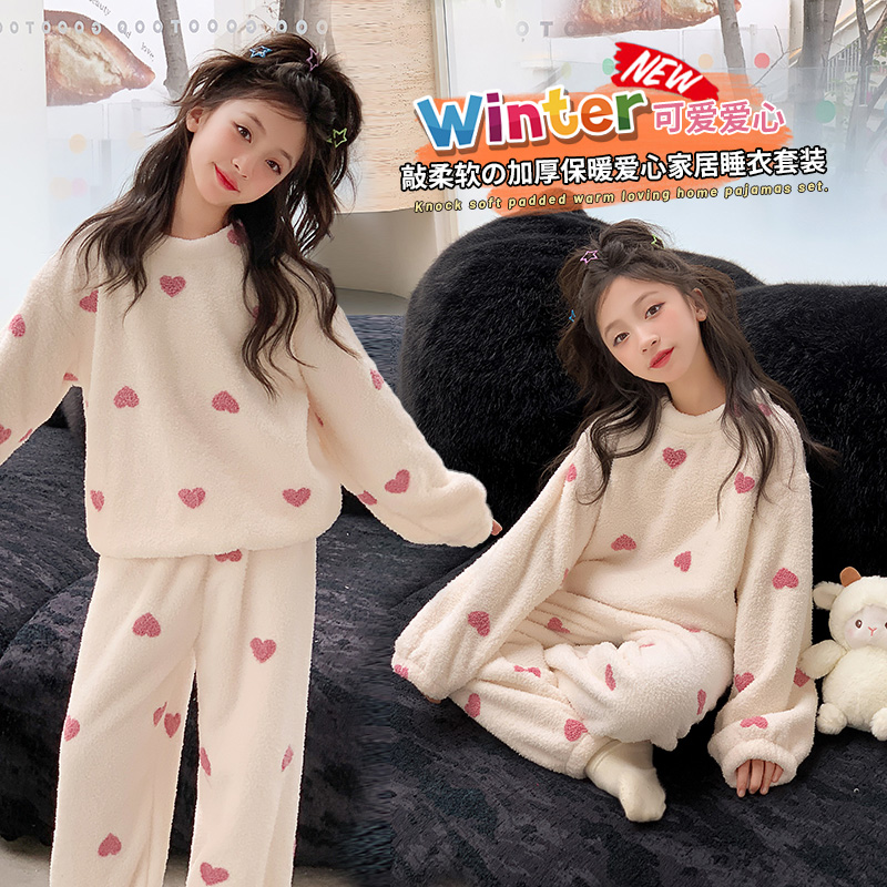 13829938.睡衣女童加绒加厚法兰绒套装套头家居服秋冬珊瑚绒中大童可爱儿童