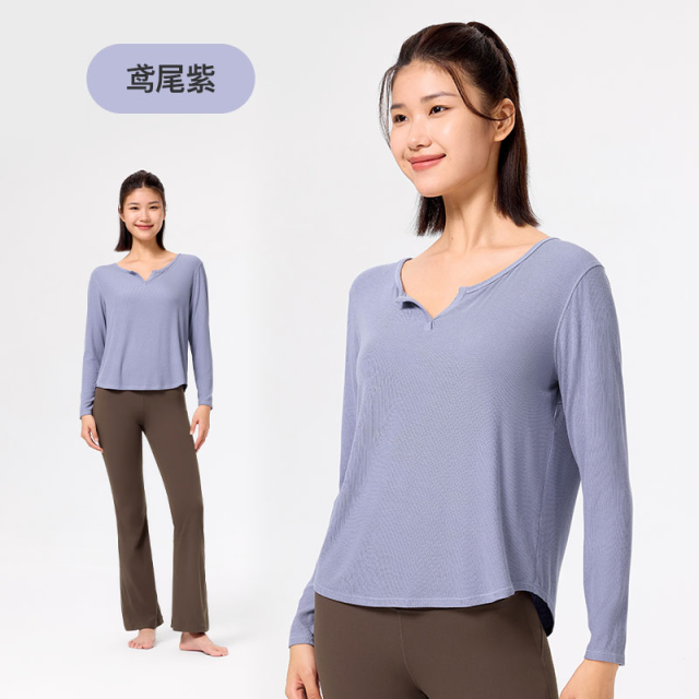 13447417.Keep瑜伽T恤女春季健身普拉提运动V领开衫罗纹修身显瘦长袖T恤1731