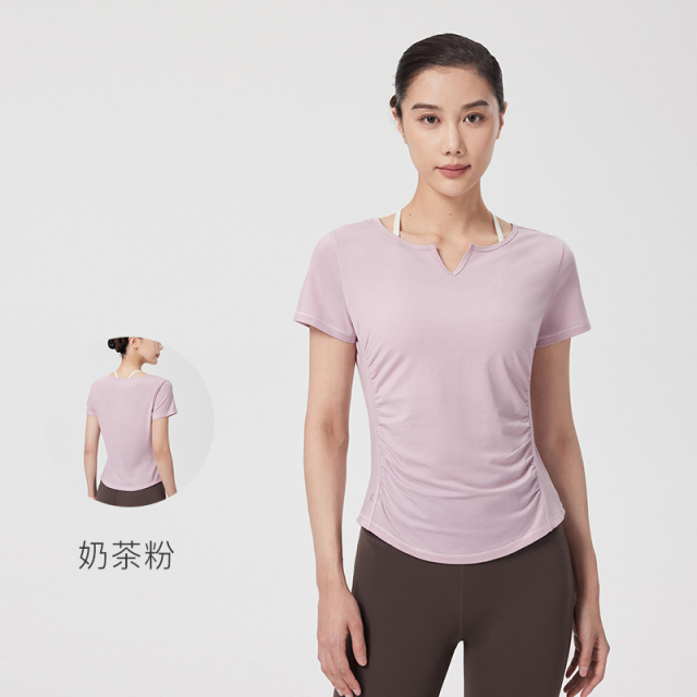 13738707.Keep瑜伽服女夏季瑜伽运动健身服侧抽褶速干衣跑步上衣短袖T恤