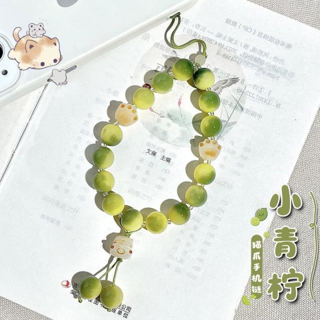 13584355.小青柠圆珠菩提根手机链女可爱时尚猫手机挂绳手腕款防丢挂件