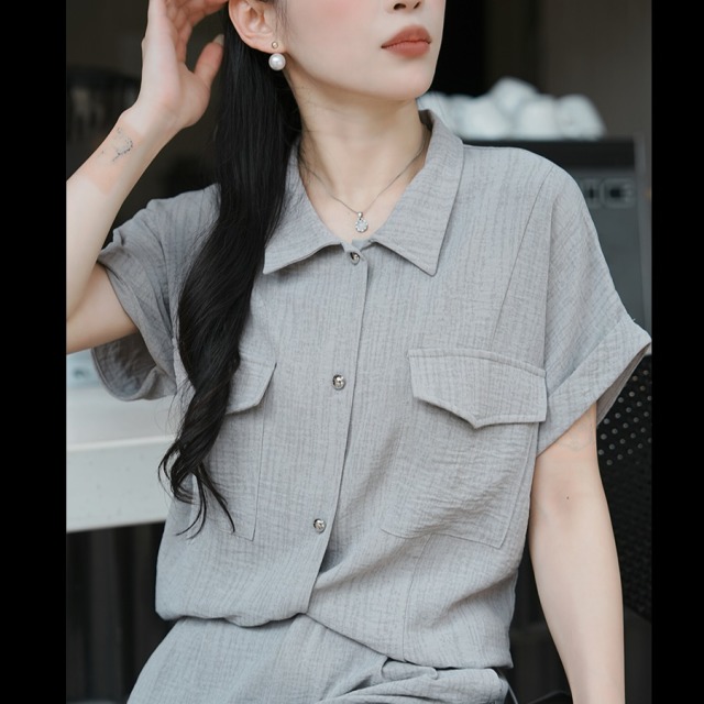 13834189.Basic House/百家好夏季新款休闲短袖衬衫减龄高腰阔腿裤时尚套装