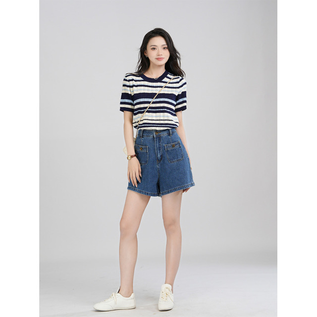 13834176.Basic House/百家好夏季显瘦小个子时尚条纹针织毛衫