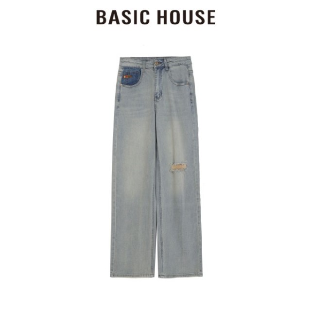 13834175.Basic House/百家好CSM春季新款牛仔裤女时尚直筒阔腿