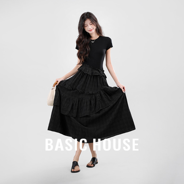 13834178.Basic House/百家好高腰夏季褶皱大摆长裙时尚百搭宽松潮流