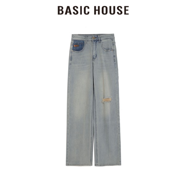 13834175.Basic House/百家好CSM春季新款牛仔裤女时尚直筒阔腿