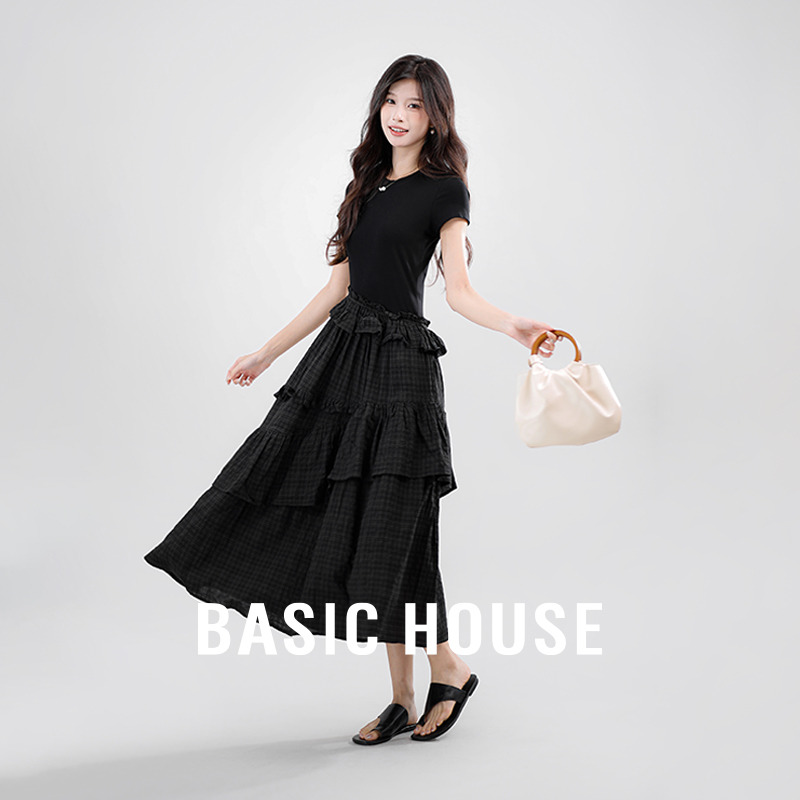 13834178.Basic House/百家好高腰夏季褶皱大摆长裙时尚百搭宽松潮流
