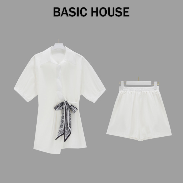 13834186.Basic House/百家好新款气质轻职风时尚系带衬衫高级感短裤套装