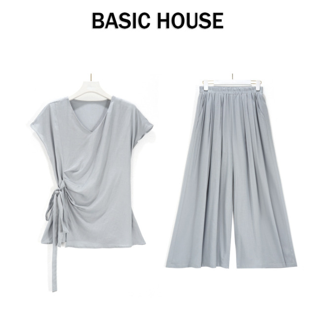 13834101.Basic House/百家好短袖V领抽绳宽松小众显瘦百搭夏季