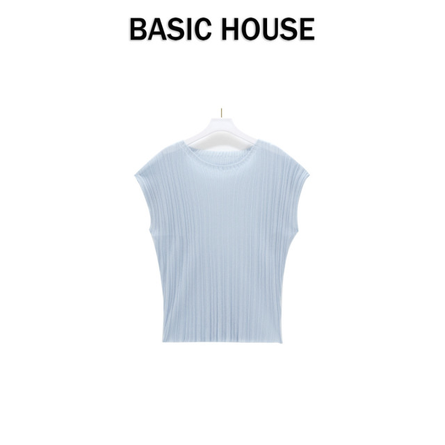 13834113.Basic House/百家好夏季竖条纹针织短袖T恤时尚百搭宽松短袖T恤