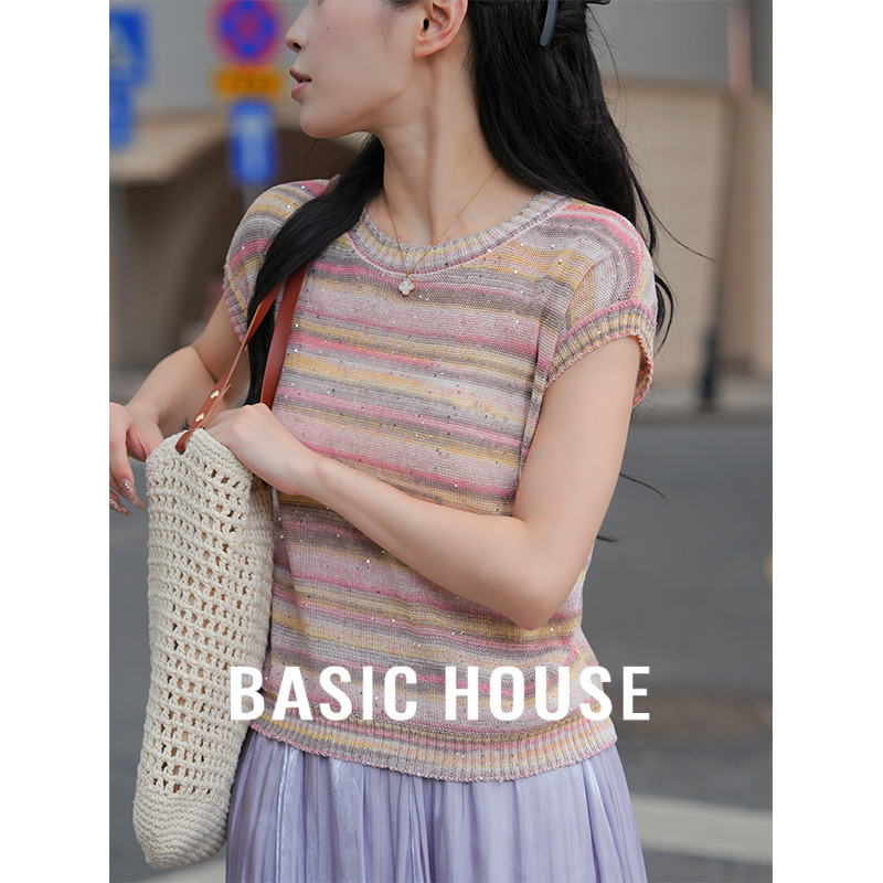 13834167.Basic House/百家好显瘦休闲夏季上衣T恤亮片新款针织衫气质
