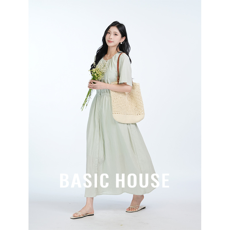 13834132.Basic House/百家好【薄荷曼波】新款夏季简约通勤风松紧腰连衣裙