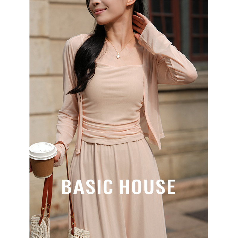 13834107.Basic House/百家好韩系松弛感气质显瘦垂感开衫裙子时尚套装夏季