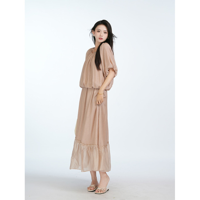 13834104.Basic House/百家好新款法式甜美短袖衬衫加半身长裙两件套
