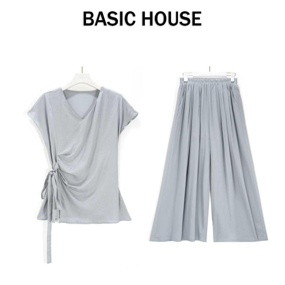 13834101.Basic House/百家好短袖V领抽绳宽松小众显瘦百搭夏季