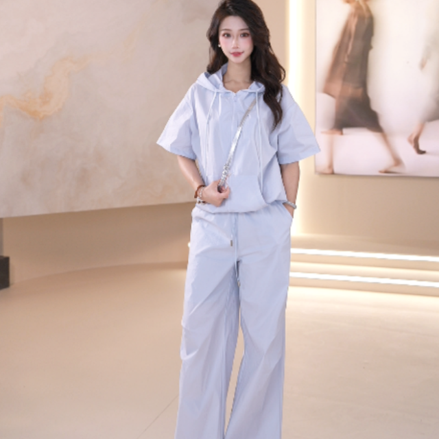 13834135.Basic House/百家好夏季时尚休闲女套装连帽刺绣运动开衫阔腿裤套装