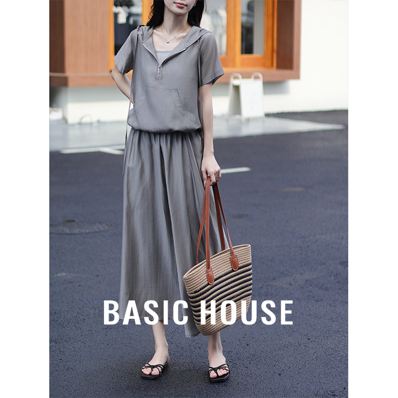 13834099.Basic House/百家好新款时尚慵懒风薄款连帽垂感半裙套装高级感