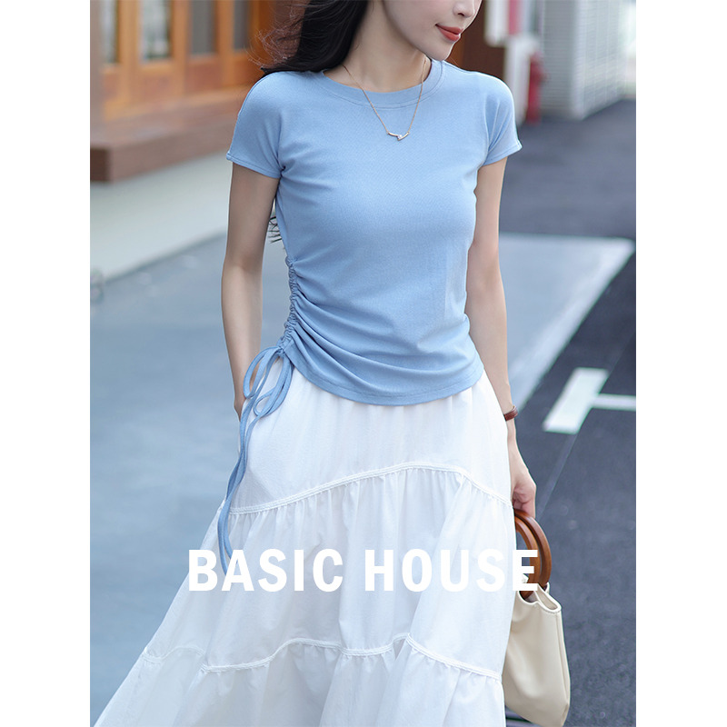 13834105.Basic House/百家好时尚抽绳设计感飞飞袖T恤显瘦夏季百搭上衣
