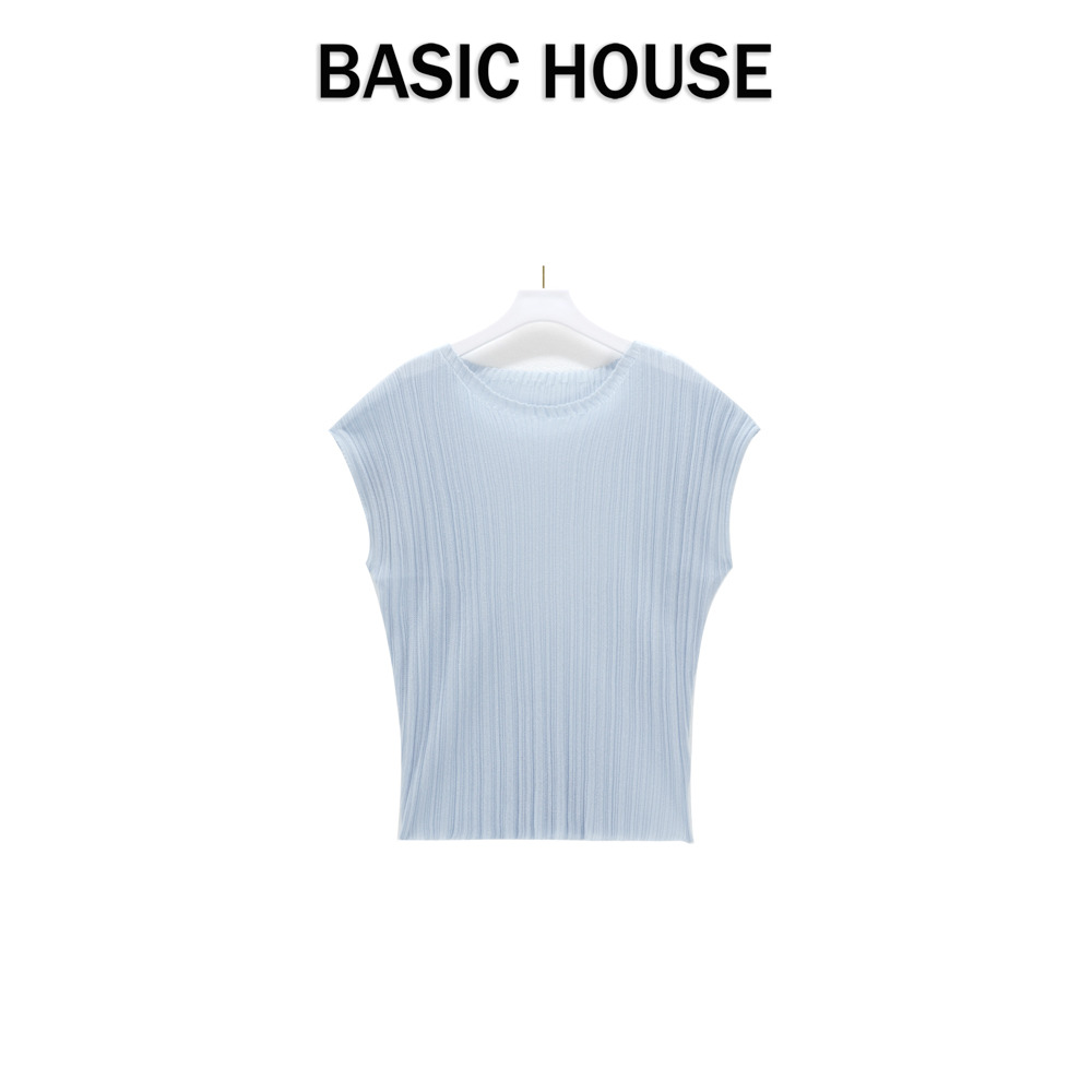 13834113.Basic House/百家好夏季竖条纹针织短袖T恤时尚百搭宽松短袖T恤