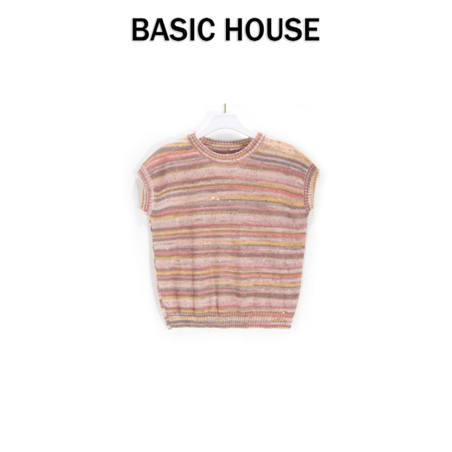 13834167.Basic House/百家好显瘦休闲夏季上衣T恤亮片新款针织衫气质