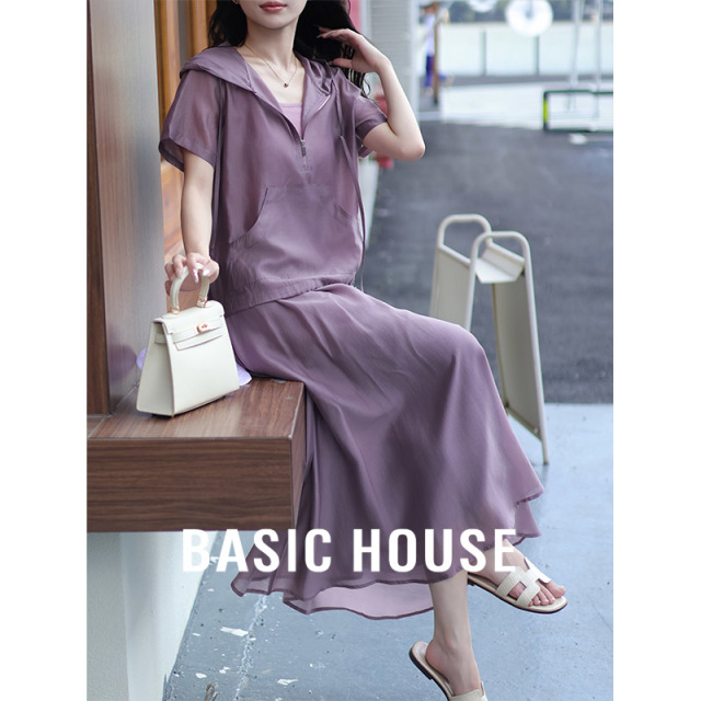 13834099.Basic House/百家好新款时尚慵懒风薄款连帽垂感半裙套装高级感
