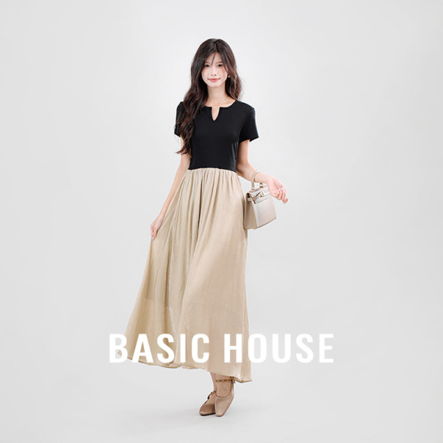 13834082.Basic House/百家好气质高腰线短袖连衣裙子显瘦女装加宽加大女装