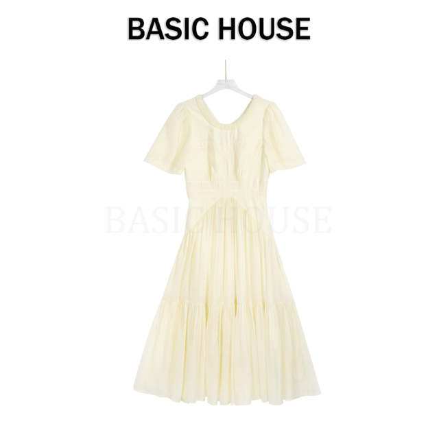 13834153.Basic House/百家好夏季圆领套头褶皱法式温柔连衣裙小众复古风