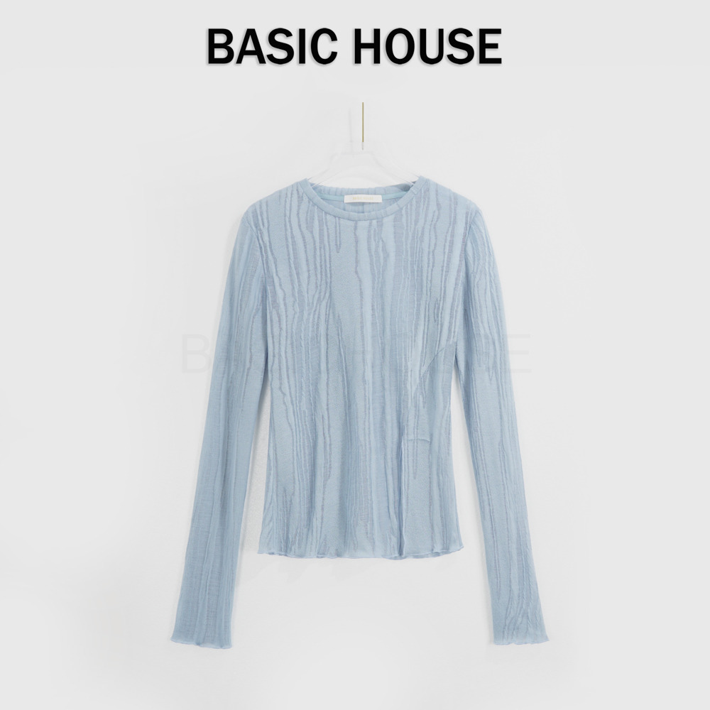 13834065.Basic House/百家好小众肌理感开叉长袖T恤显瘦百搭上衣