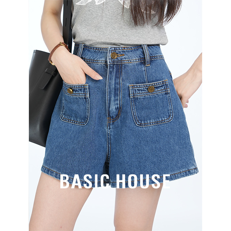 13834054.Basic House/百家好夏高腰学院风透气短裤水洗设计师女装宽松