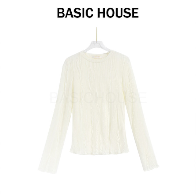 13834065.Basic House/百家好小众肌理感开叉长袖T恤显瘦百搭上衣