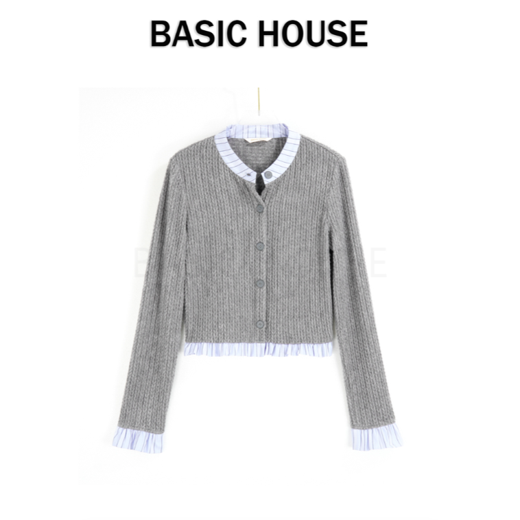 13834027.Basic House/百家好圆领时尚拼接显瘦修身气质长袖