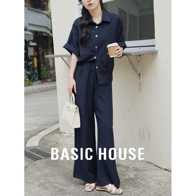 13834068.Basic House/百家好宽松衬衫百搭阔腿裤时尚套装春季早夏