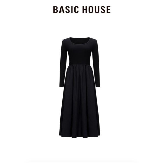 13834059.Basic House/百家好新春夏法式黑色赫本风黑裙长袖修身女装连衣裙