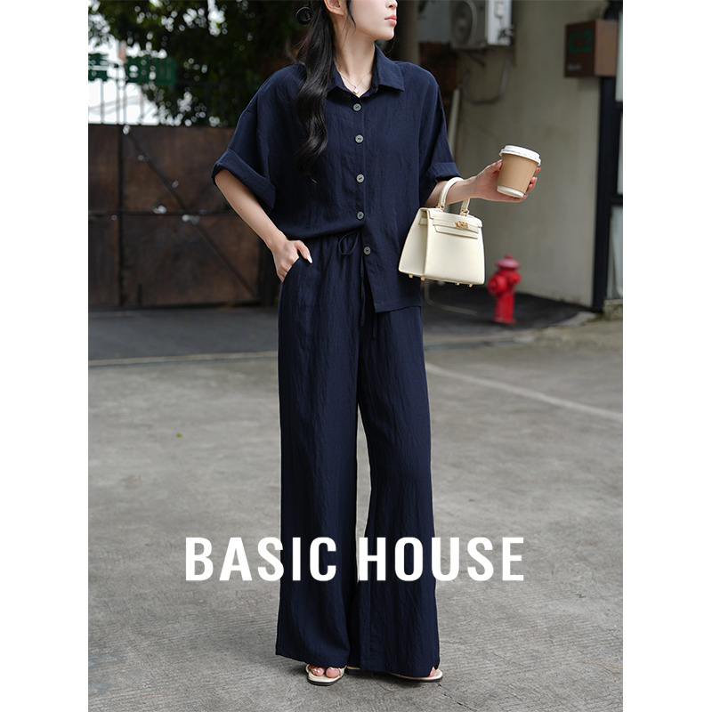 13834068.Basic House/百家好宽松衬衫百搭阔腿裤时尚套装春季早夏