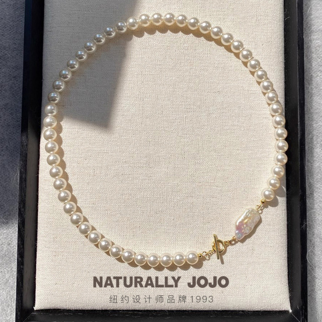 11005955.NATURALLY JOJO 轻奢巴洛克ot扣清冷仿白色珍珠法式项链小众毛衣链