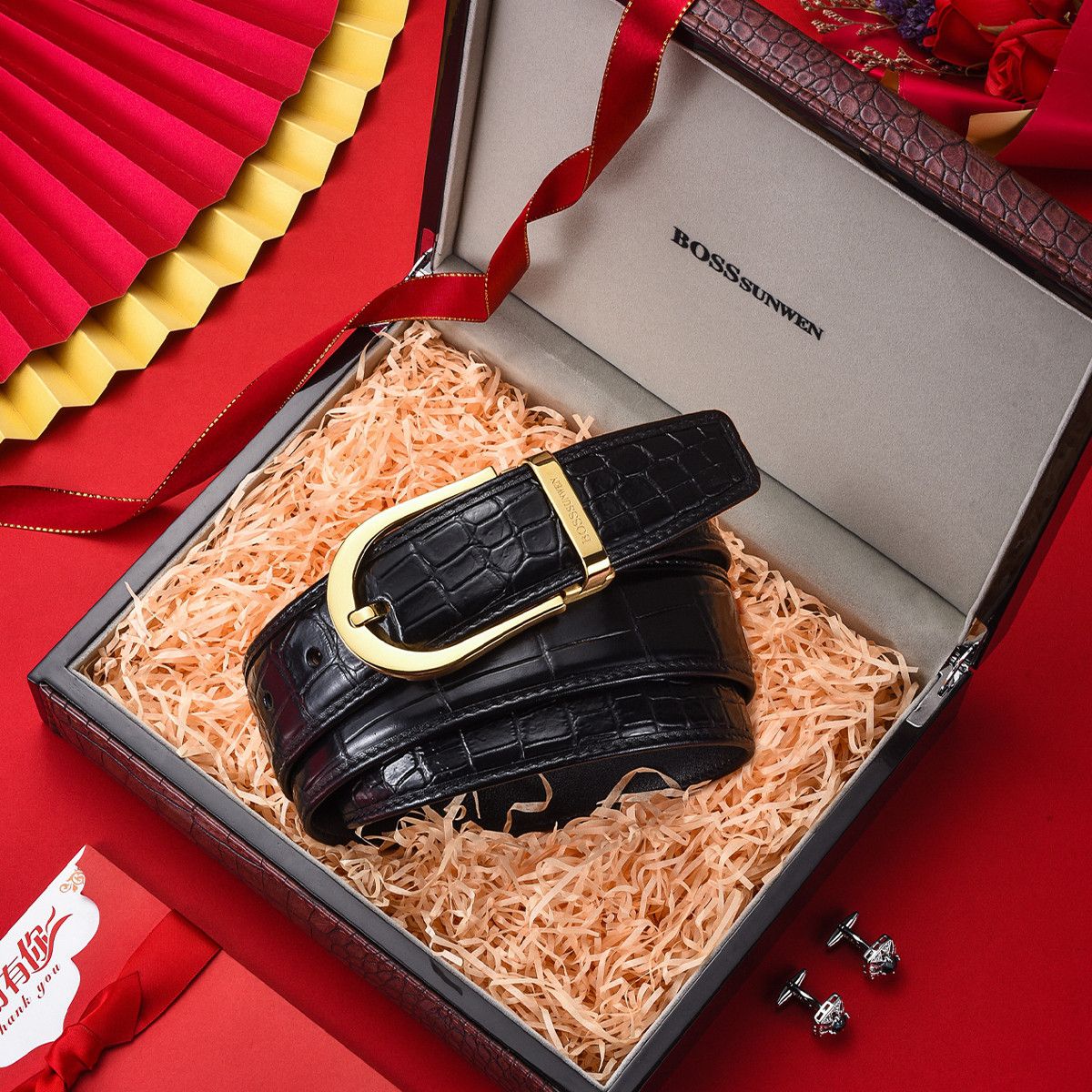 13539277.BOSSSUNWEN【轻奢鳄鱼皮】高档礼盒不锈钢时尚男士皮带真皮金色针扣腰带裤带配礼盒送老公送男友礼物