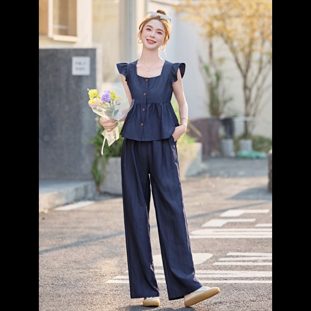13762567.诗茉琳时尚气质方领套装女夏2025新款复古洋气减龄飞袖薄款阔腿裤两件套