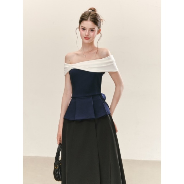 13762569.诗茉琳法式一字肩抹胸上衣加纯色半裙两件套2026撞色高级气质T恤大摆裙