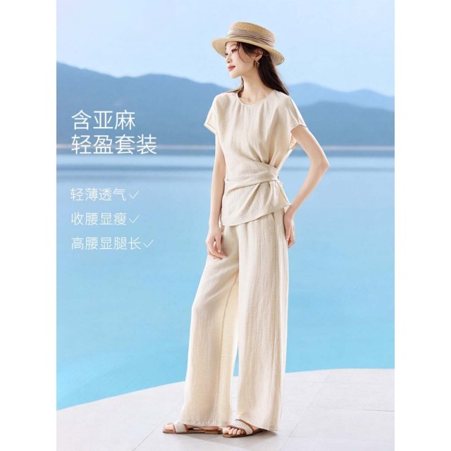13762245.诗茉琳2026夏新款侧系带不对称圆领短袖阔腿裤通勤老钱套装